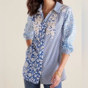 Soft Surroundings Women's Long Sleeve Capelle Button Up Embroidered Medium Blue
